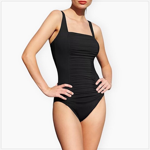 Calvin Klein Swimwear Black Pleated Swimsuit One Piece Sewn In Cups NWT NEW 10